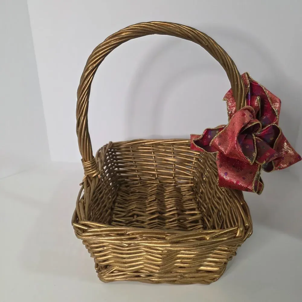 Gold Wicker Gift Basket Red Metallic Bow Christmas Holiday Decor Square